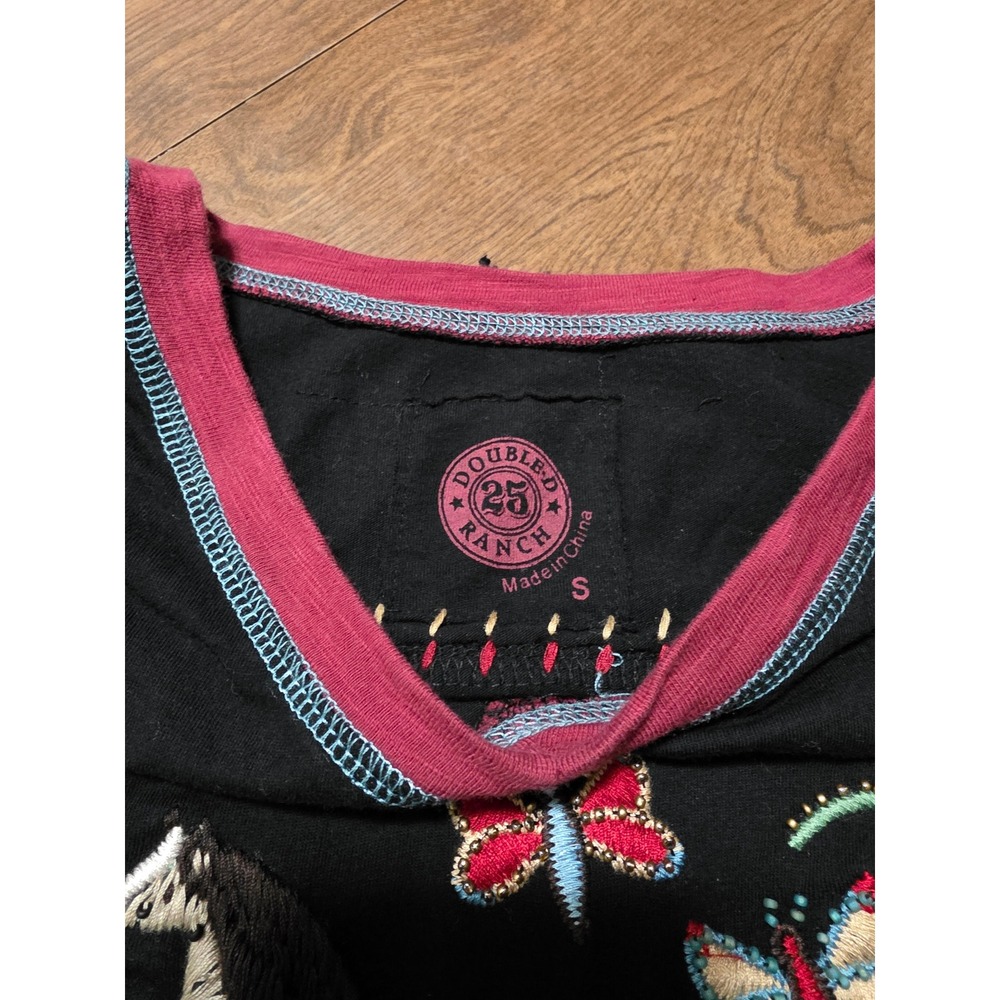 Double D Ranch Western Embroidered Horse Fringe Long Sleeve Top Black Small - Picture 5 of 12